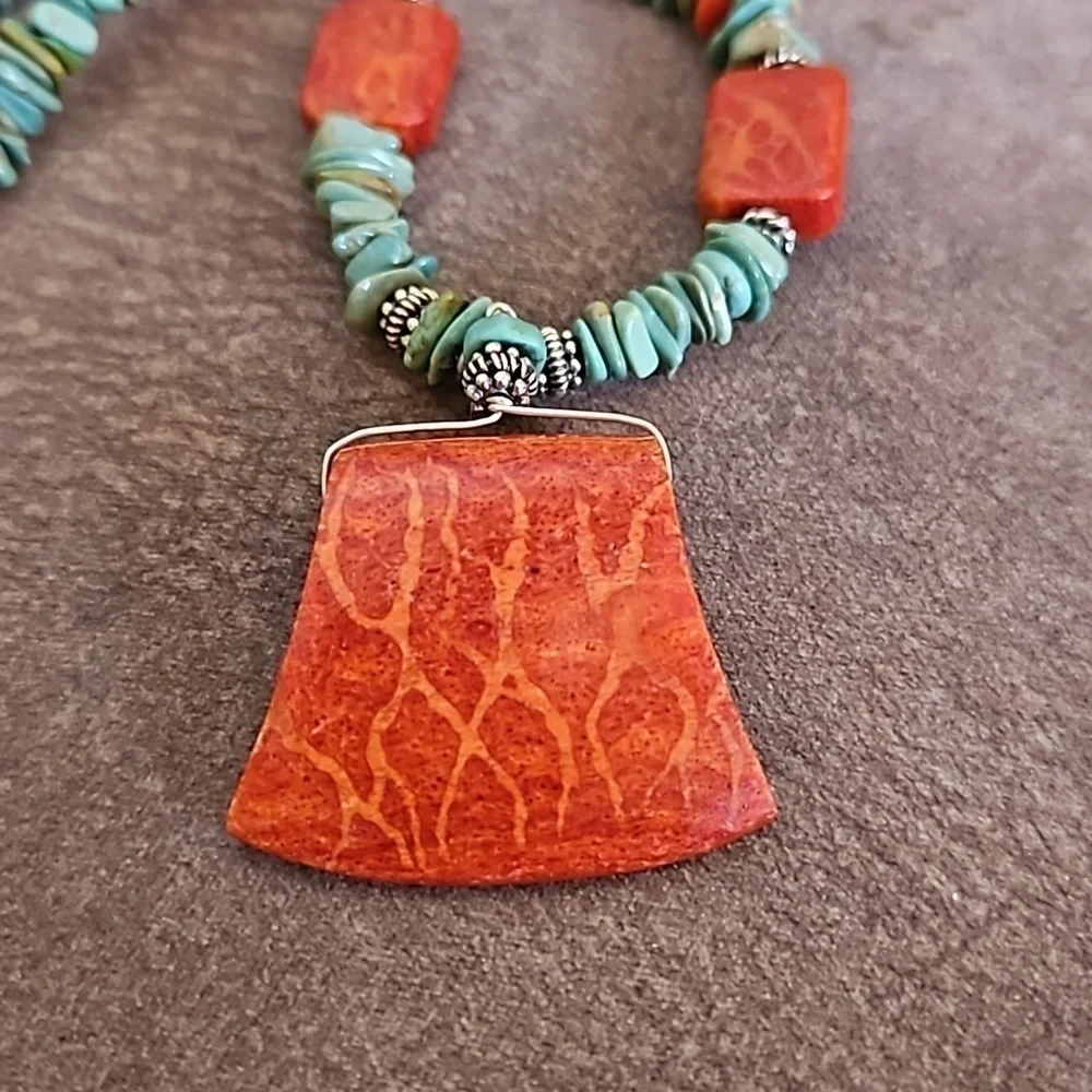 Vintage HANDMADE Coral and Turquoise Beaded Pendant Necklace